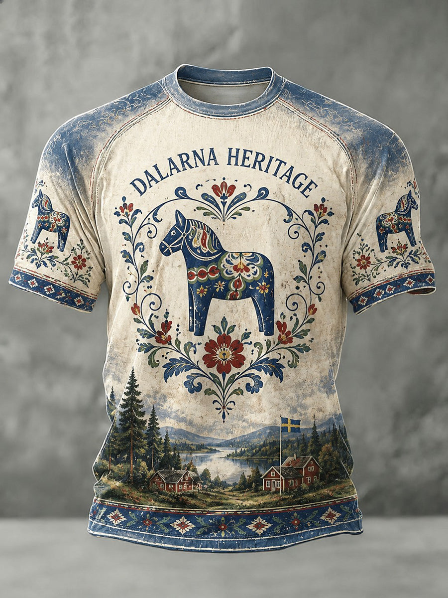 Herrlig t-shirt i svensk stil med dalahästtryck, avslappnad modell och korta ärmar