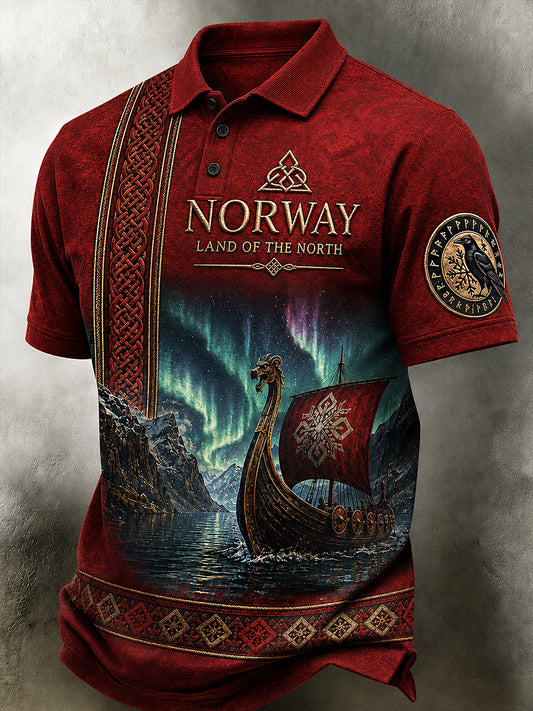 Menns retro poloskjorte i nordisk stil med norsk kunsttrykk