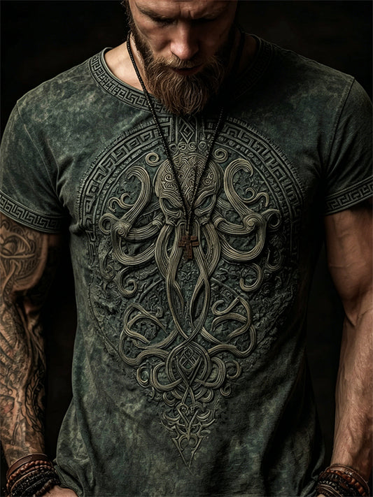 Herrvintage-T-shirt med korta ärmar och tryck av Cthulhu, den store uråldriga