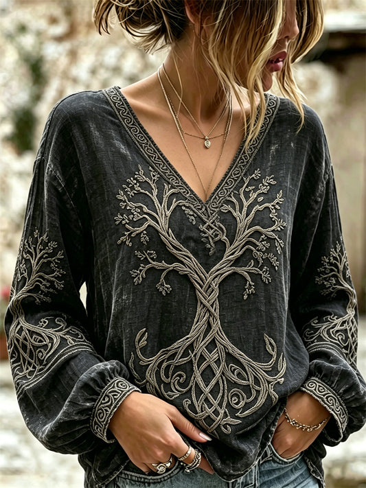 Kvinnlig vintage vikingaträd livets träd keltiskt mönster bomull-linneskjorta