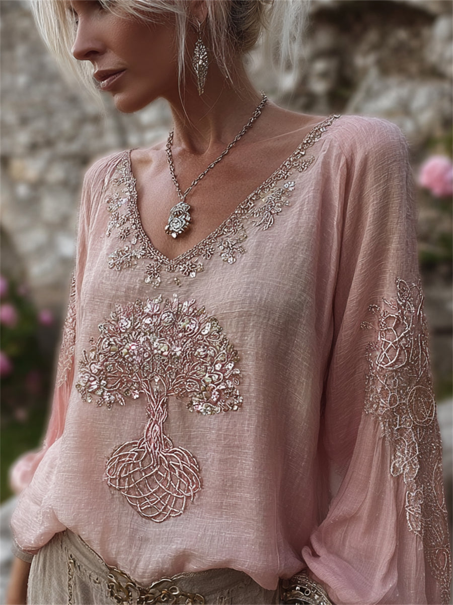 Damskjorta i vintagestil med klassisk, rosa livsvedsvikingmotiv – bomull-linnekvalitet