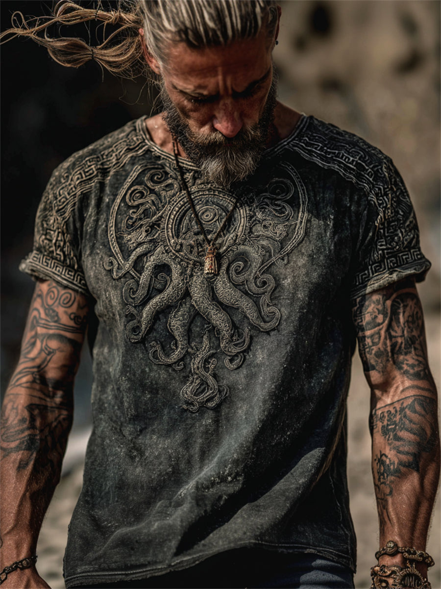 Herrvintage-T-shirt med korta ärmar och Azathoth/Cthulhu-inspirerat tryck