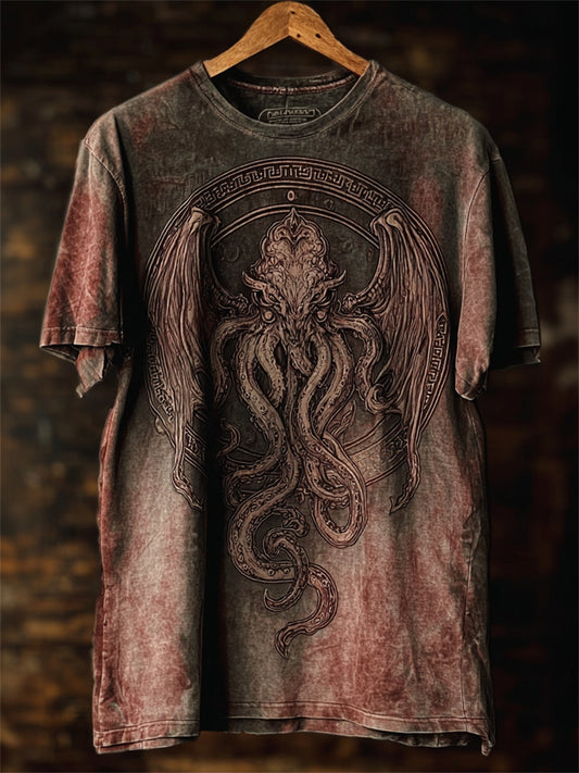 Herrvintage T-shirt med blodigt Cthulhu-tryck, korta ärmar, av den Stora Förrida