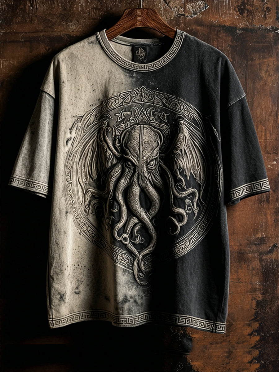 Mansvintage-T-shirt med kontrasterande blekt tryck av Cthulhu, den store urgamle