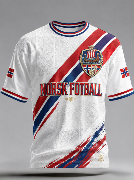 Menns retro nordisk stil norsk fotballfan-fritidsdrakt med kunstnerisk trykk