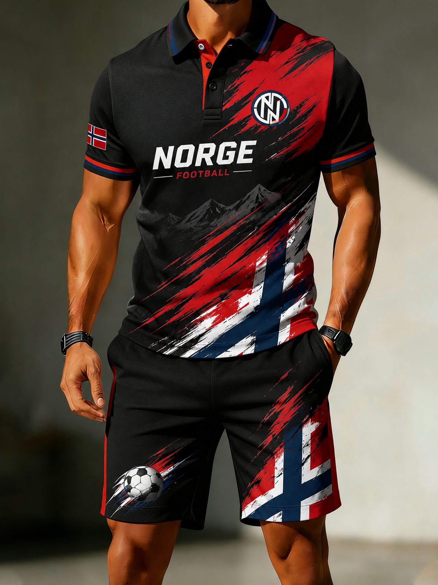 Herrepolosett med fotballfan-tema og kunsttrykk fra Norge
