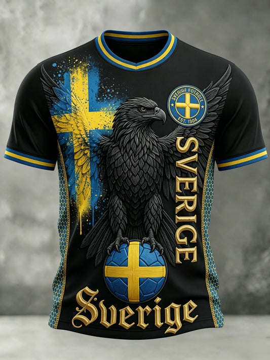 Herrlig retro svensk fotbollssupporter t-shirt, avslappnad och sportig