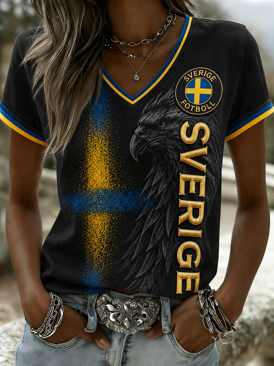 Retro svensk fotbollsfanart-print avslappnad v-ringad topp