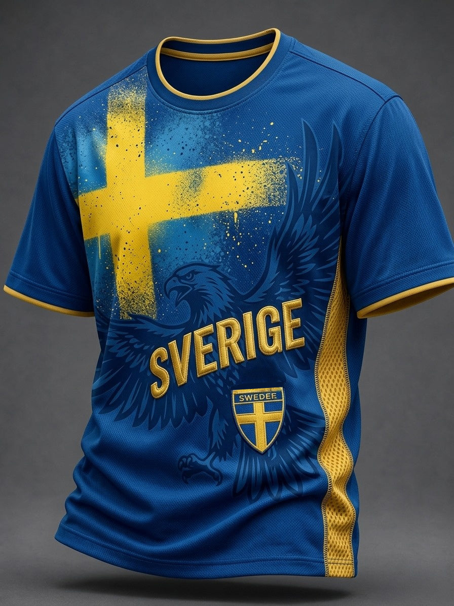Herrlig retro svensk fotbollssupporter t-shirt, avslappnad och sportig