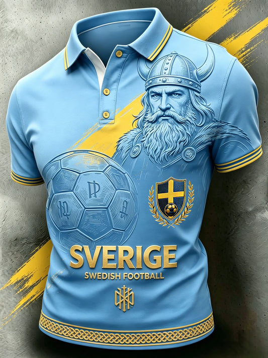Herrretro Sverige fotbollsläkare 2026 tryckt avslappnat polotröja