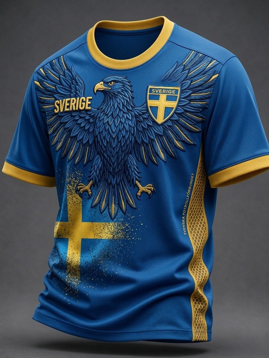 Herrlig retro svensk fotbollssupporter t-shirt, avslappnad och sportig