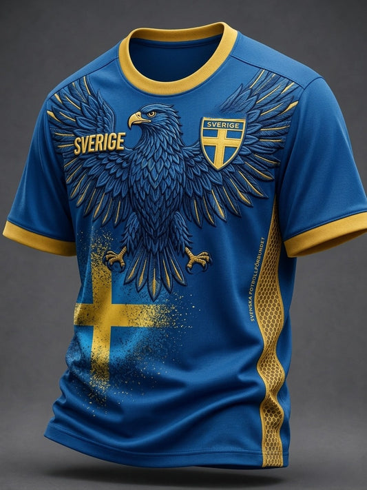 Herrlig retro svensk fotbollssupporter t-shirt, avslappnad och sportig