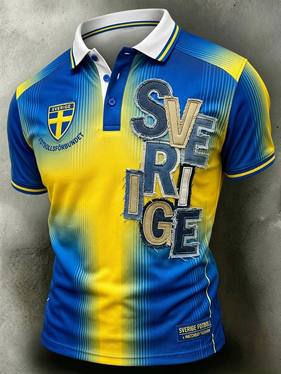 Herrpolskjorta i retrostil för svenska fotbollssupportrar, avslappnad och sportig