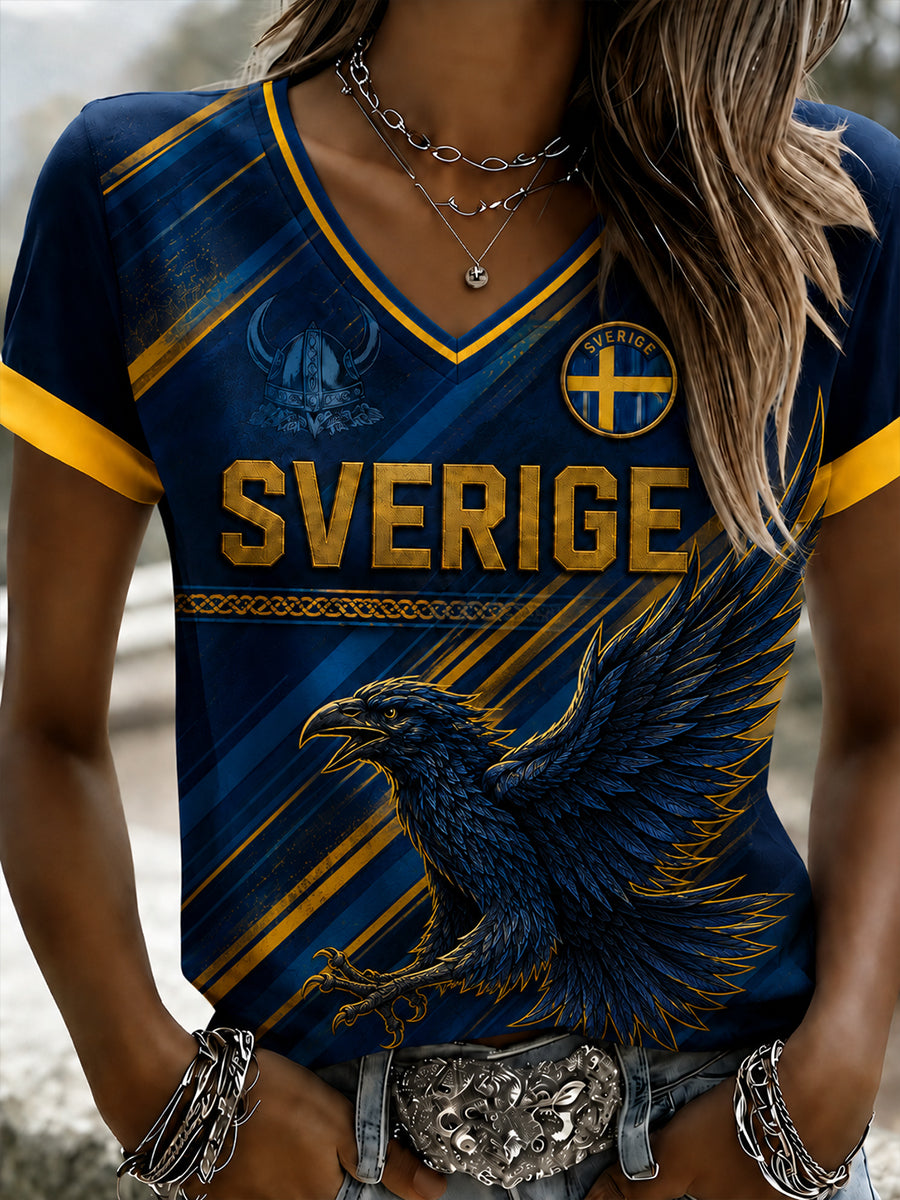 Retro svensk fotbollsfanart-print avslappnad v-ringad topp