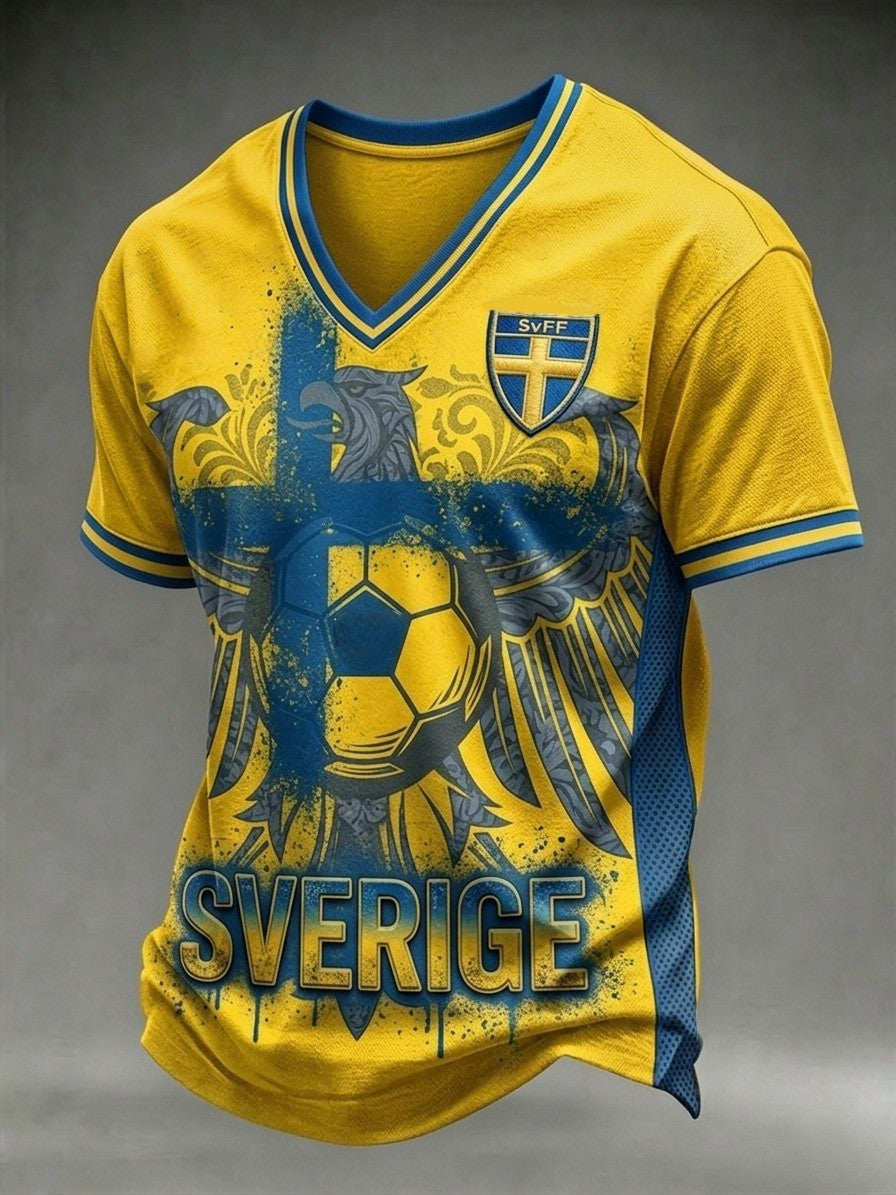 Herrar Retro Svensk Fotbollssupporter Lätt Sportig T-shirt med V-ringning
