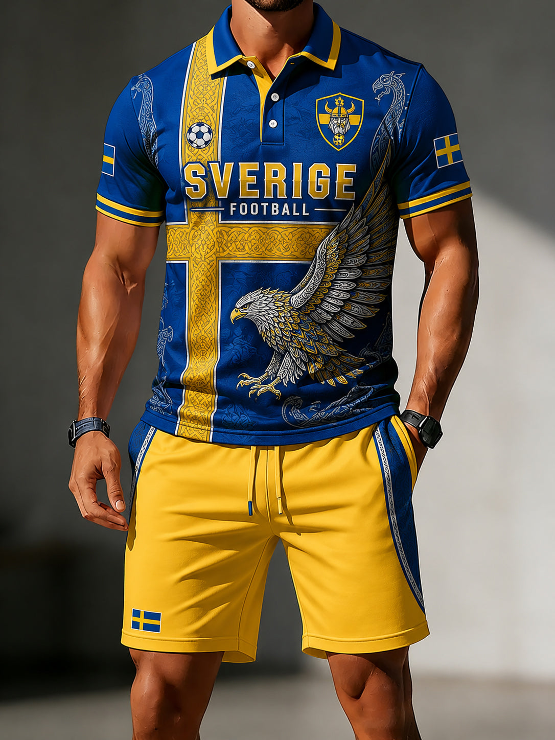 Herrset med pikétröja och shorts med fotbollsmotiv