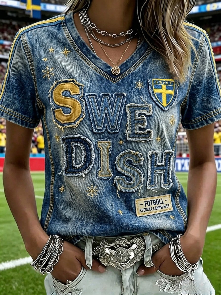 Dammens retro svensk fotbollssupporteravslappnad t-shirt med v-ringning