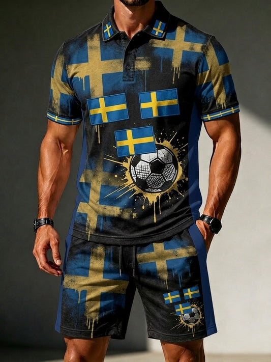 Herrretro Sverige fotbollsläkare 2026 tryckt avslappnat polotröja- och shortsset