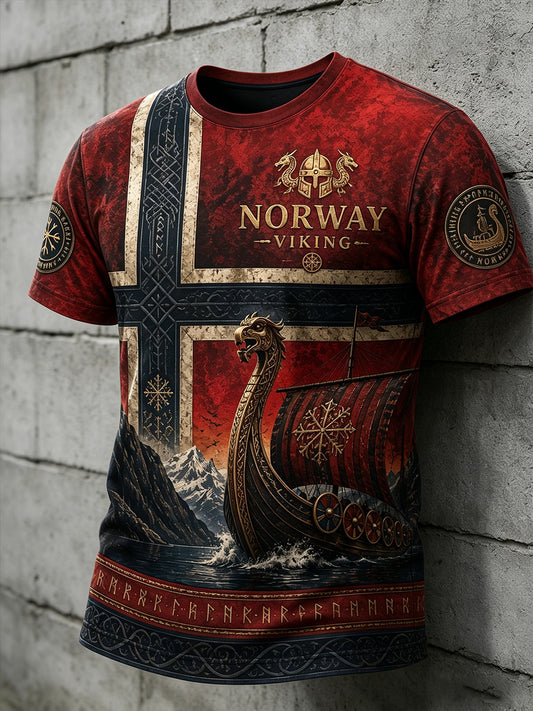 Herrer T-skjorte med kort ermer og retro vikingmotiv
