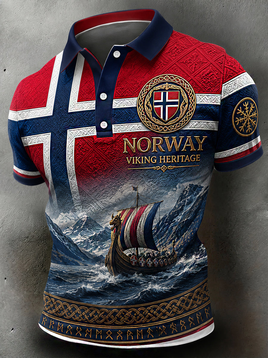 Menns retro poloskjorte i nordisk stil med norsk kunsttrykk