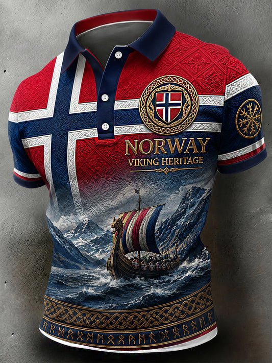 Menns retro poloskjorte i nordisk stil med norsk kunsttrykk