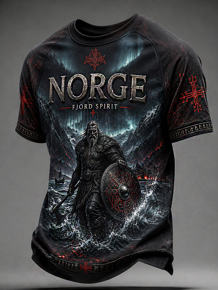 Herrerens retro t-skjorte i nordisk stil med norsk kunsttrykk