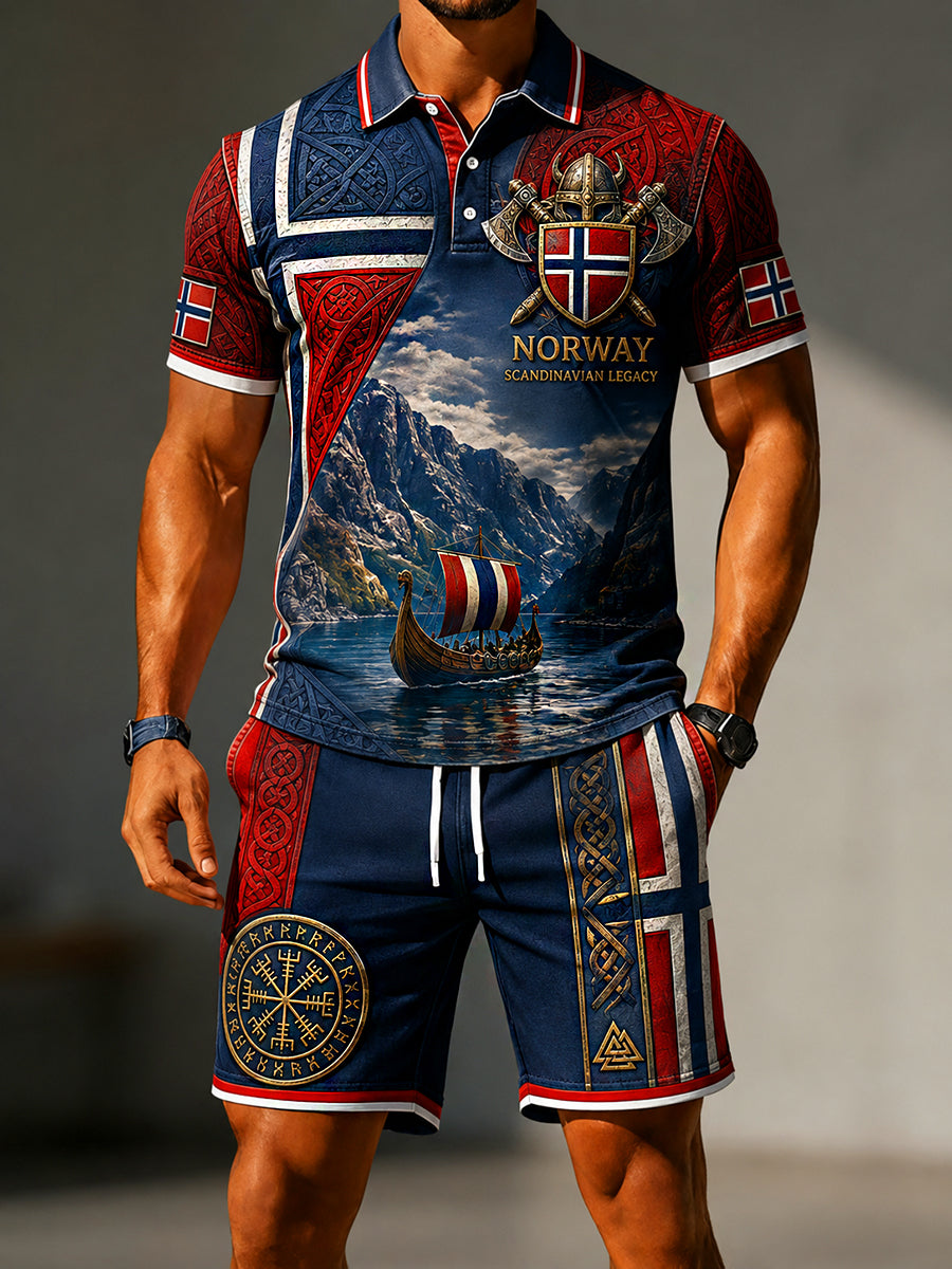 Herrsett i retro nordisk stil bestående av to deler: Uformell polotrøye og shorts med norsk kunsttrykk