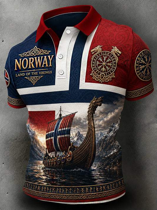 Menns retro poloskjorte i nordisk stil med norsk kunsttrykk