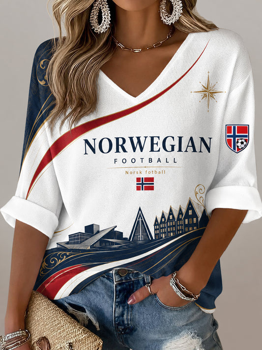 Kvinners Norge-fotballkamp heiar-kunsttrykk V-utringet topp