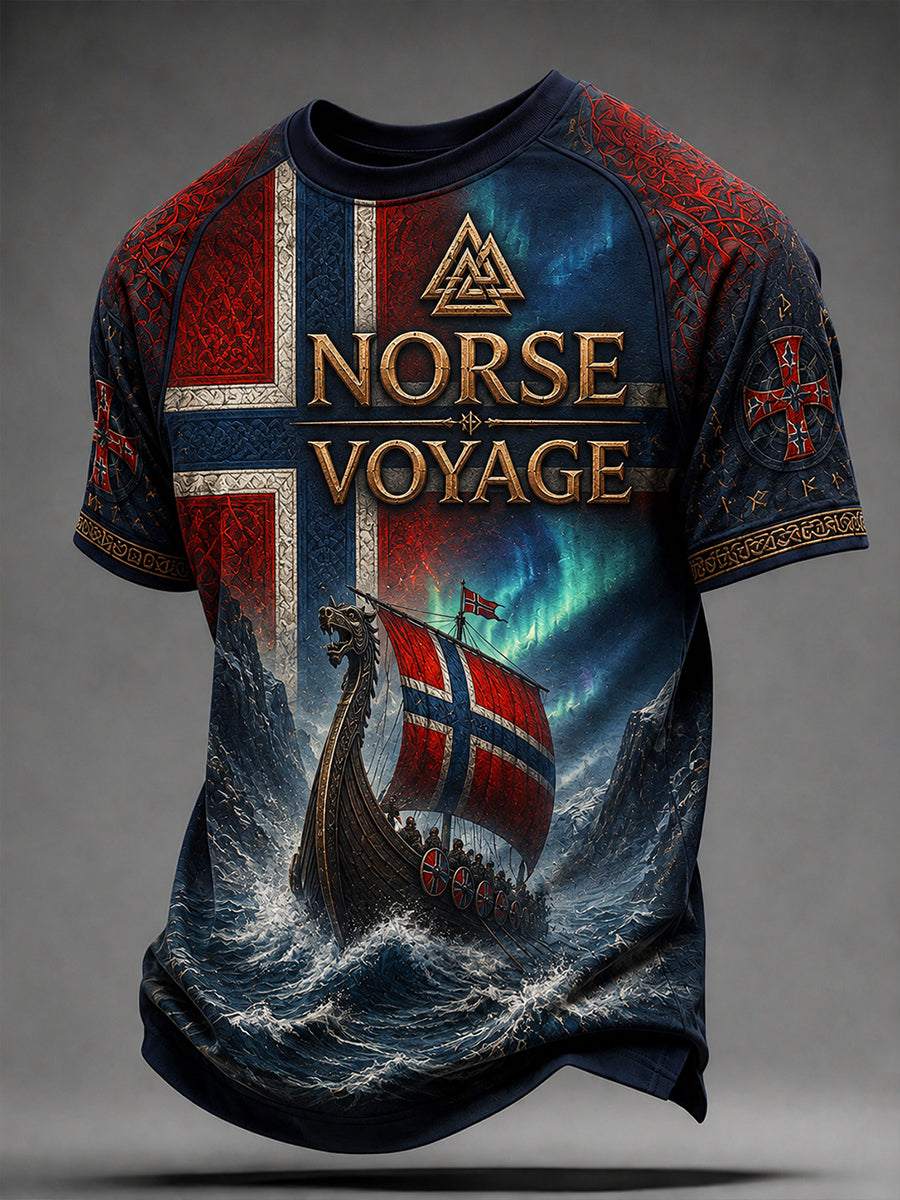 Herrerens retro t-skjorte i nordisk stil med norsk kunsttrykk