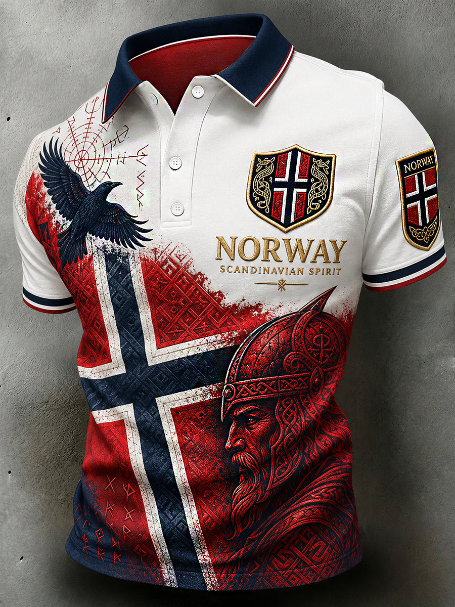 Menns retro poloskjorte i nordisk stil med norsk kunsttrykk