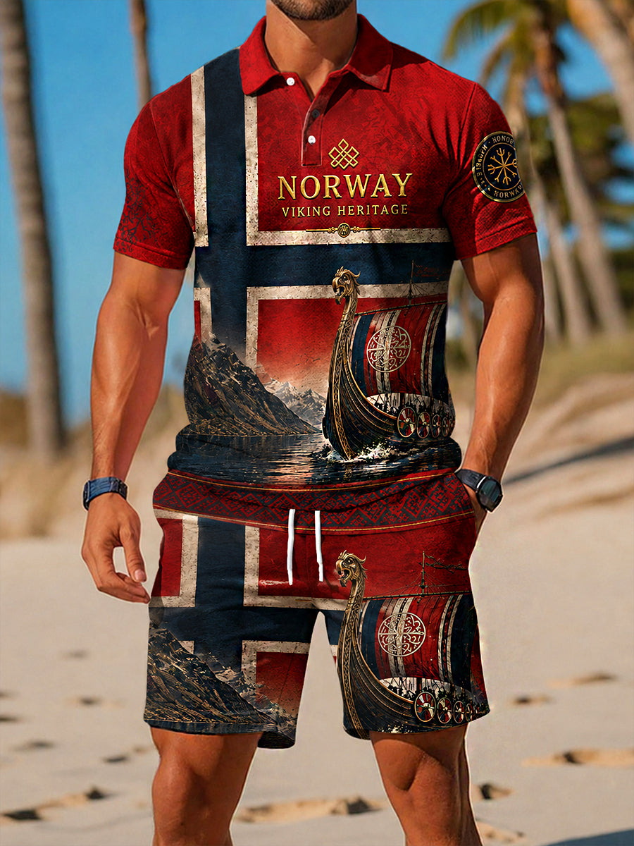 Herrsett i retro nordisk stil bestående av to deler: Uformell polotrøye og shorts med norsk kunsttrykk