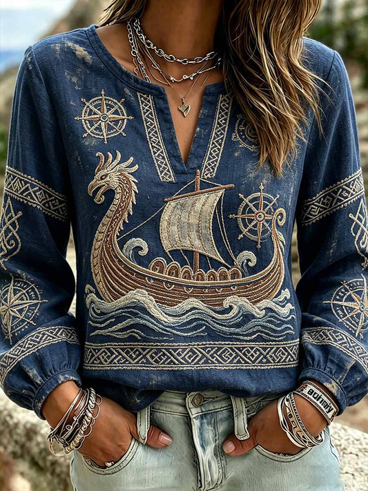 Dammode vikingaskeppstryck t-shirt
