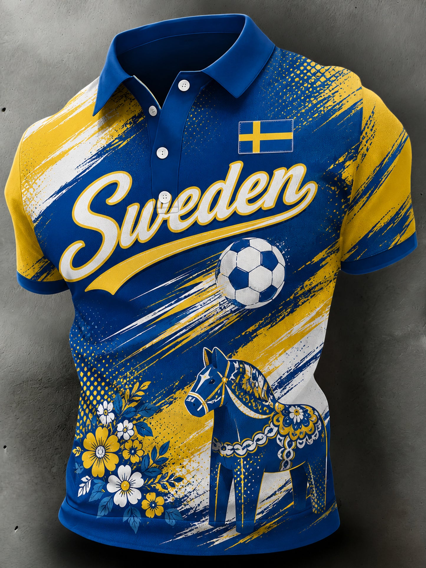 Herrpolo med konstnärlig tryck i svenska fotbollsfärgerna