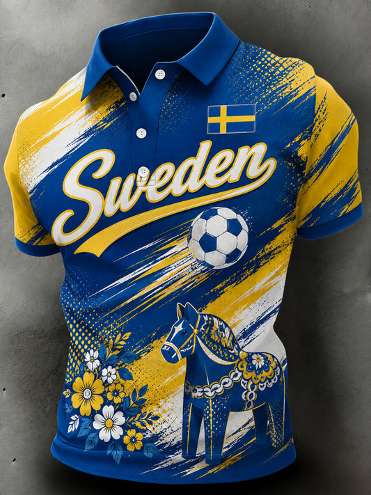 Herrpolo med konstnärlig tryck i svenska fotbollsfärgerna