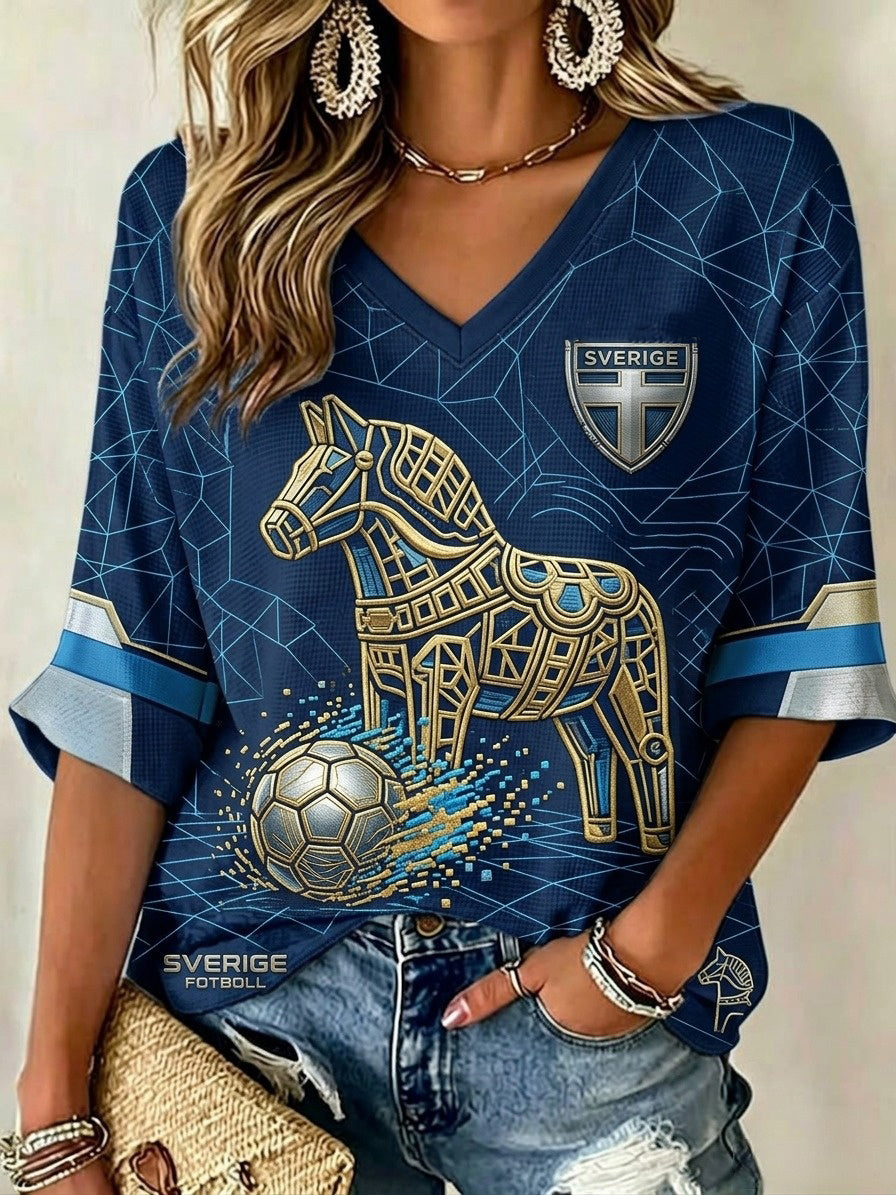 Damer Retro Svensk Fotbollslärd 2026 Tryckt Avslappnad T-shirt