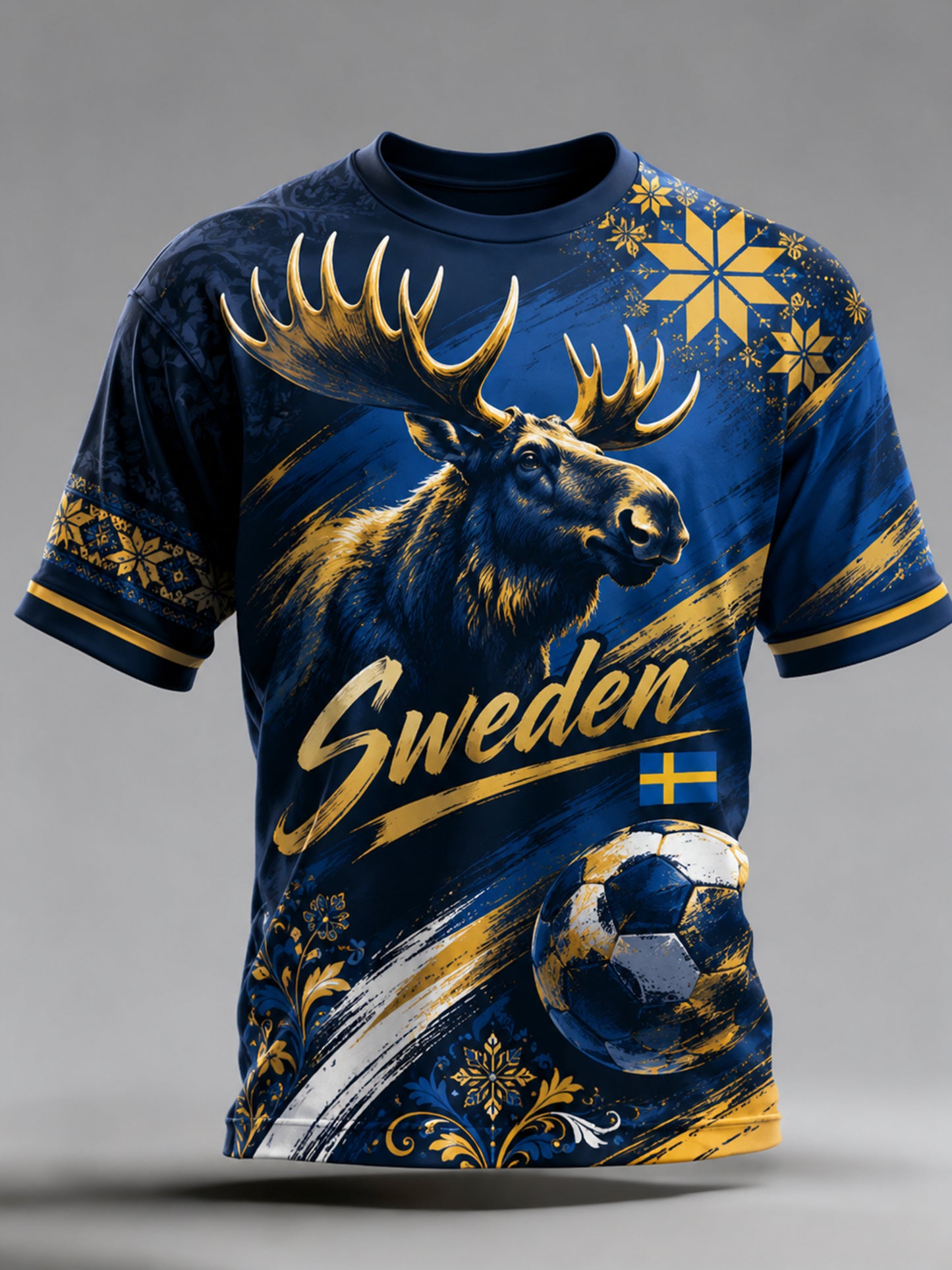 Herrtröja med konstnärlig tryckning i temat svensk fotbollsflagga
