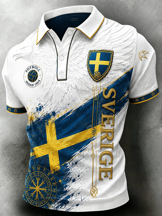 Retrodammskott för män – tryckt avslappnat polotröja med svensk fotbollskonst