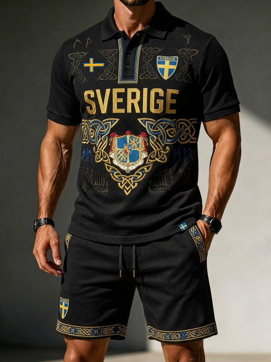 Herrset med retrostil: svensk fotbollsentusiast 2026 – tryckt polo och shorts för vardagsbruk