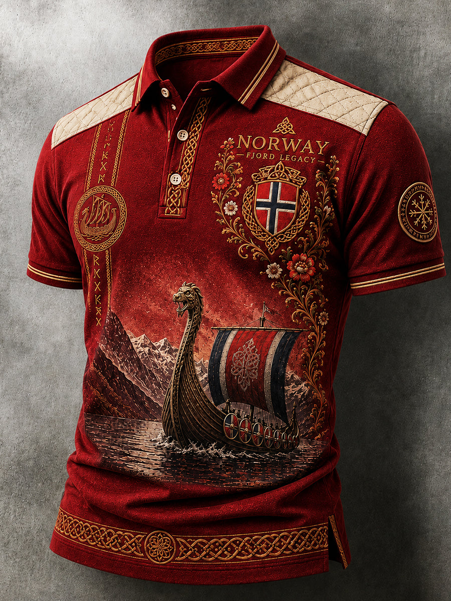 Menns Retro Nordisk-stil Polo-skjorte med norsk kunst utskrift.