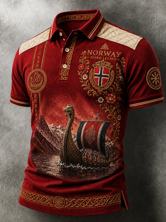 Menns Retro Nordisk-stil Polo-skjorte med norsk kunst utskrift.