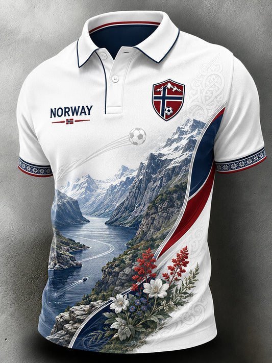 Retro nordisk stil norsk fotballfan kunsttrykk avslappet poloskjorte