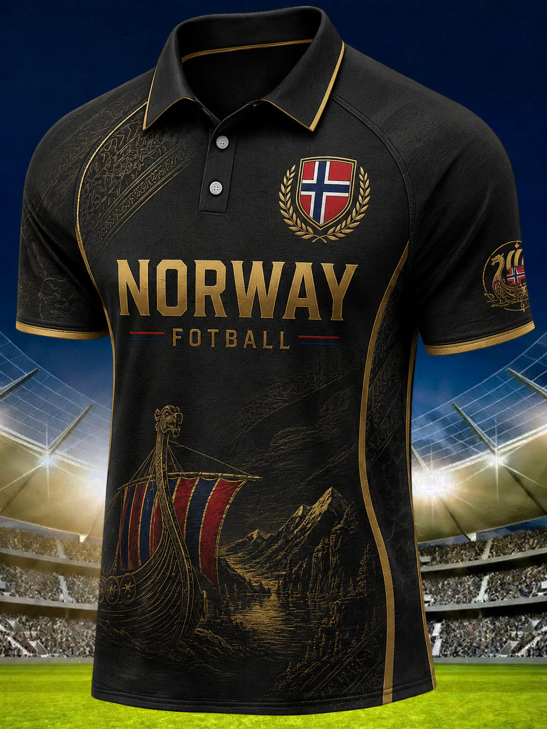 Herre-Viking-fotballtrykk raglanmousskortermet poloskjorte