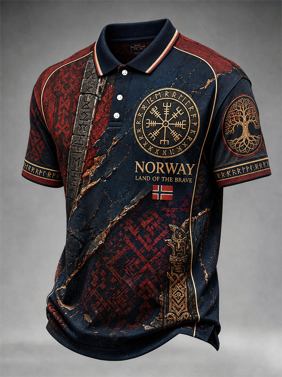 Menns retro poloskjorte i nordisk stil med norsk kunsttrykk
