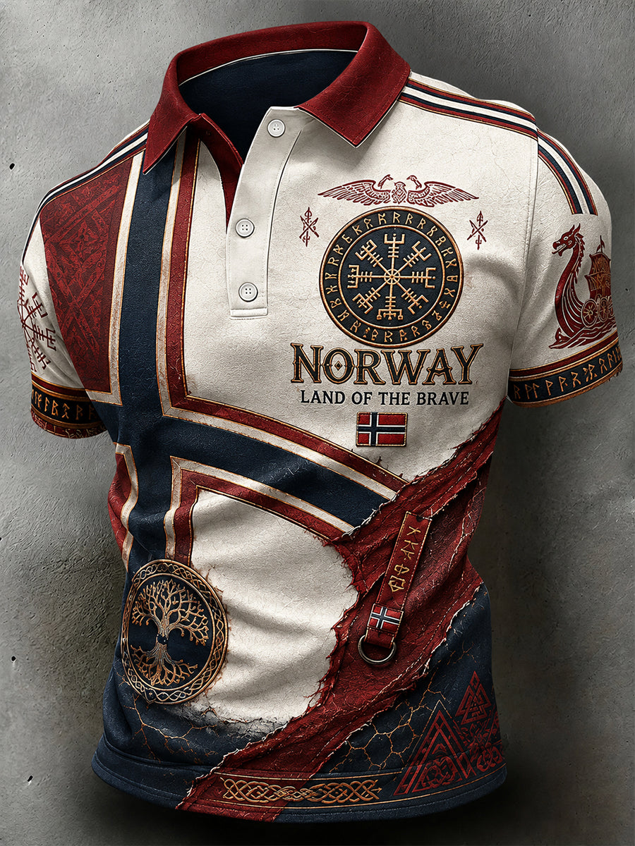 Menns retro poloskjorte i nordisk stil med norsk kunsttrykk
