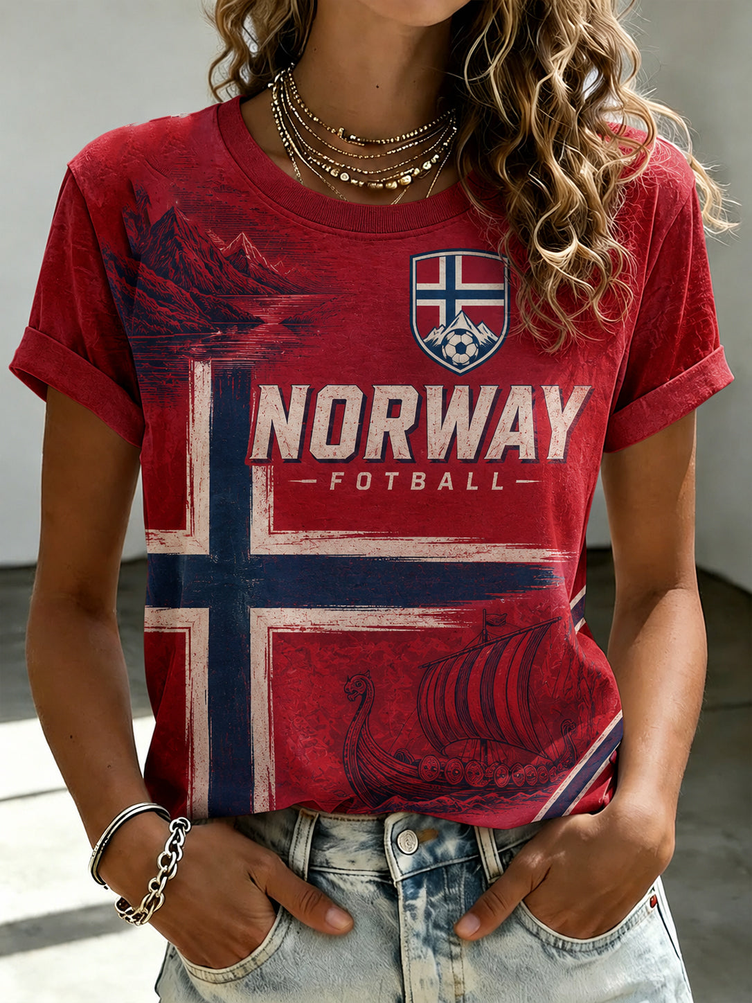 Dame-T-skjorte med kort erme og vikingfotballtrykk