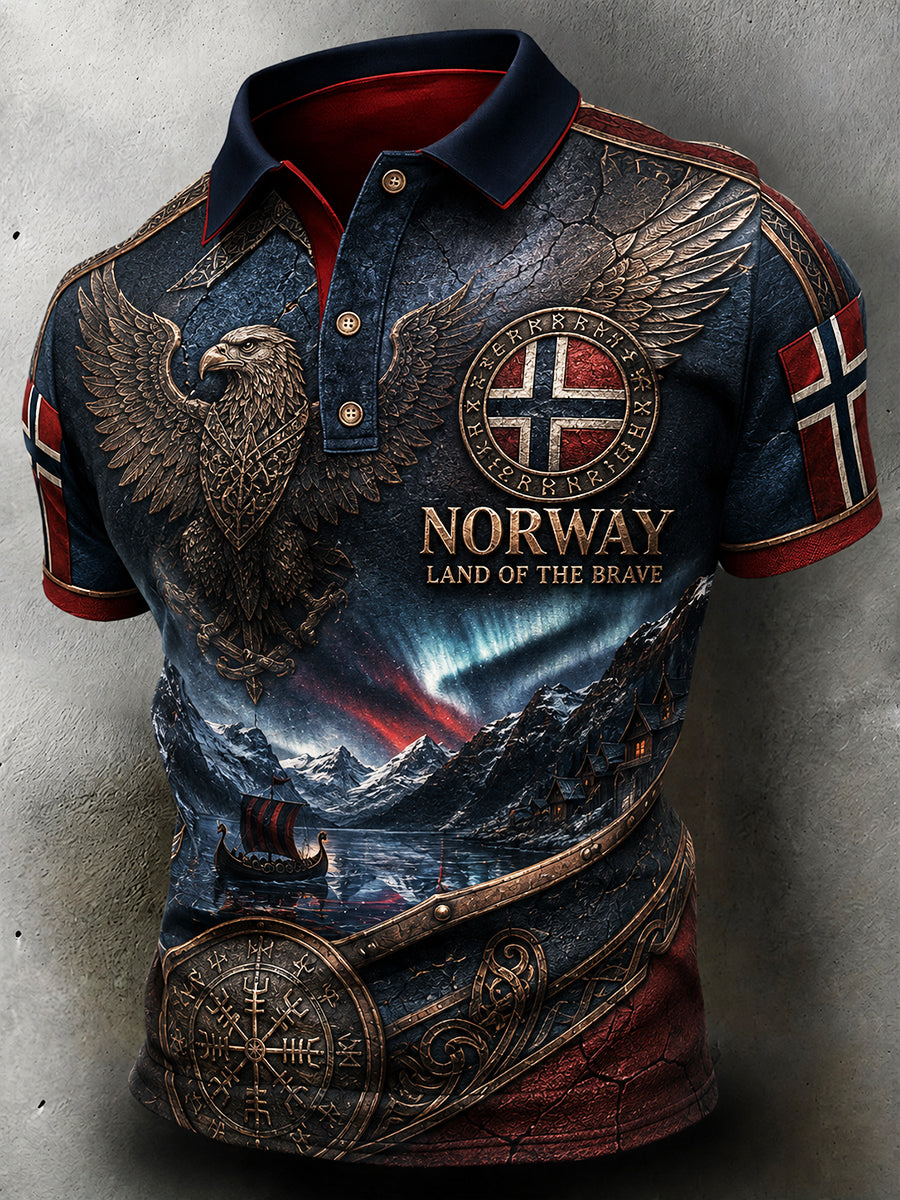 Menns retro poloskjorte i nordisk stil med norsk kunsttrykk