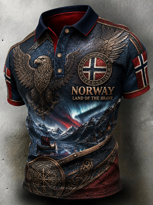 Menns retro poloskjorte i nordisk stil med norsk kunsttrykk