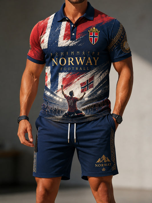 Retro norsk fotballfan fritidssett med polo og shorts