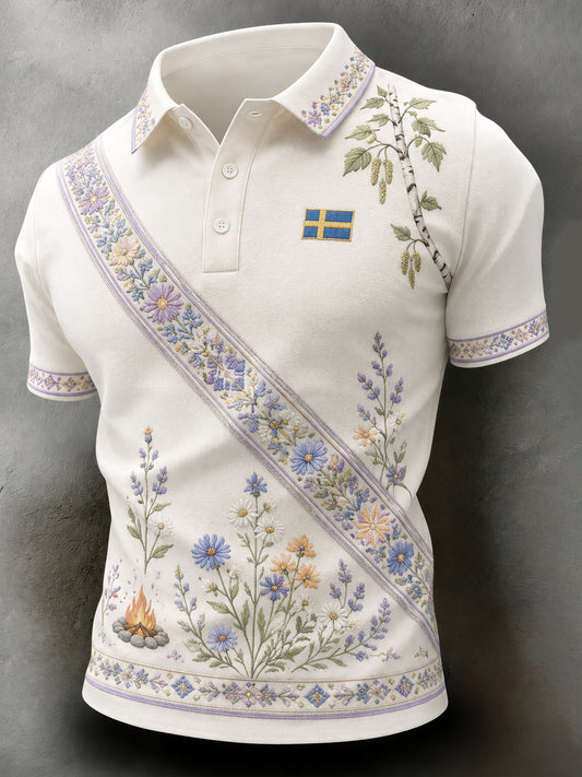 Herrpolotröja med konsttryck till minne av midsommar och nationaldagen i Sverige